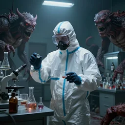 a man in a hazmat suit deals with monsters, science lab setting, in the style of silent hill, octane