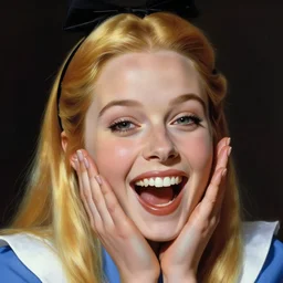 Worksafe. Fully clothed. Very close-up face of Alice in Wonderland, she is expressing joy. By Frank Frazetta and Boris Vallejo.