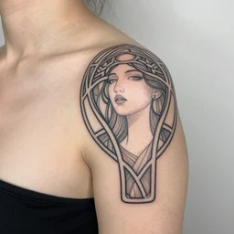 mirrored minimalist art nouveau shoulder tattoo, intricate detail, simple lines, trending on artstation