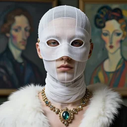 a futuristic man portrait by mask made of wires and white gauzes, white fur for necklace made by gauzes twisted around neck, design by leonardo davinci, inspired by egon schiele, modern art, baroque art jewelry, new classic, fashion design, photorealistic, hyper realistic, cinematic composition, cinematic lighting, fashion design, concept art, 8 k