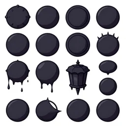 game asset sheet, 2 d sprite, goth themed round items material study