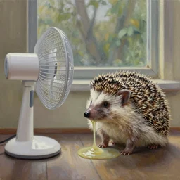 hedgehog melting in the heat with an electric fan pointing at the hedgehog, sitting in front of a window, oil on canvas, detailed, art