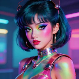 beautiful retrofuturistic anime girl portrait with colorful makeup, chromatic skin, retro armor, eighties look, beautiful lights, vintage look, depth of field, gradients, hyper realistic, illustration, airbrush, 8 k, intricate, duo tone, art by david la chapelle and philip castle, artgerm