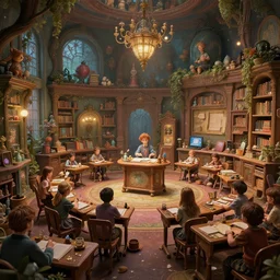 illustrations of the magic classroom, whimsical, dreamy, rich in detail, volumetric lighting, intricate detail, ray tracing, extremely high complexity, film, 1 2 8 k, octane rendering, were popular on the artstations of lorenzo lanfranconi and tyler smith
