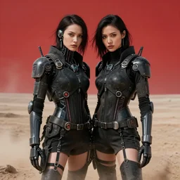 cinestill 5 0 d photographic portrait of two loving ostentatious female androids wearing rugged black techwear on a desolate plain with a red sky, extreme closeup, cyberpunk style, garters, dust storm, 8 k, hd, high resolution, 3 5 mm, f / 3 2, ultra realistic faces, ex machina
