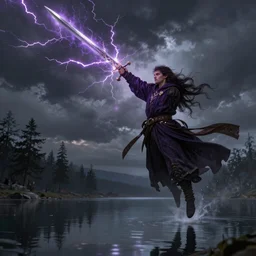fantasy, hyper realistic mystical wizard holding a sword that’s pointed towards the sky, sword is getting shocked by purple lightning, wizard is levitating over a lake, reflection, octane, trending on artstation, highly detailed, by Frank frazetta, 8k