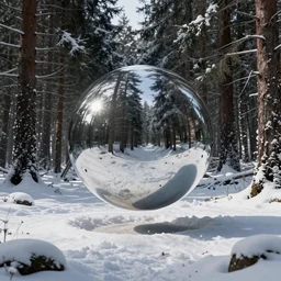 a floating spherical mirror, in an snowy ebony forest, 4 k resolution, octane render, ultradetailed, photorealistic, ultrarealism