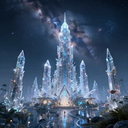 a futuristic crystal city with elves. the milky way is in the sky.