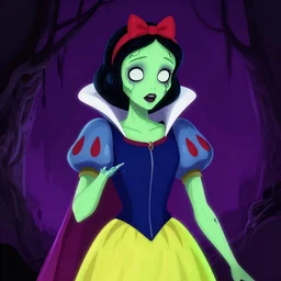 super detailed 8 0's illustration horror art of a glowing green and purple pretty zombie snow white, flat art, sharp, by ilya kuvshinov