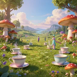 landscape photo of wonderland with magic teacups, mushrooms and magic, marc simonetti, greg rutkowski, ferdinand knab, hyperdetailed, photorealistic, 8 k resolution, trending on artstation, surrealism, fantasy