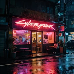 cyberpunk cafe in taipei, at night in the rain, shot from a distance