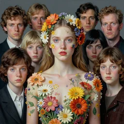 portrait, beautiful mysterious girl covered in flowers by peter lindbergh, sam spratt, michael page, julie heffernan, glenn brown, ayami kojima, greg hildebrandt, brian froud, paolo roversi, 8 k, hyper detailed, hyper realism, acrylic paint, surrealism, smooth, sharp focus.