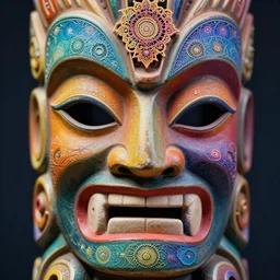 colorful close - up tiki mask face, psychedelic, fine mandelbrot fractal lace, 1 5 0 mm, soft rim light, elegant, hyper real, ultra detailed, octane render, hg giger, 1 6 k