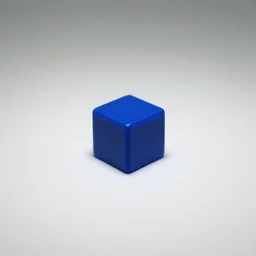 single blue cube on white studio floor, soft light, 3 5 mm