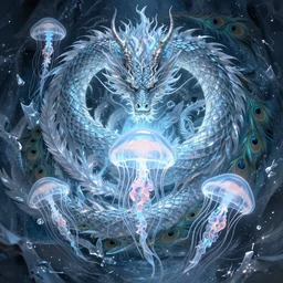 dragon. intricate, centered, amazing composition by amano yoshitaka, by rembrandt, illustrious makinami, digital art, digital painting, artstation trending, unreal engine, fractal flame, transparent jellyfish, transparent feathers, bio luminescent, ice, water, peacock