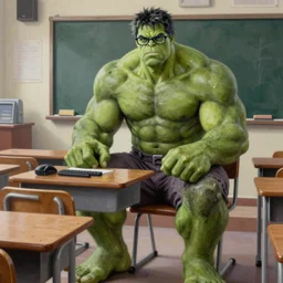 hulk sitting on a chair behind a desk in a high school classroom, glasses, oil on canvas, intricate, 8 k highly professionally detailed, hdr, cgsociety