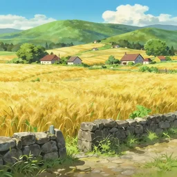 an anime movie background matte painting of a meadow in the countryside, rolling hills, cottages, golden wheat fields, cobblestone road, old low stone wall, by Makoto Shinkai, trending on Artstation, highly detailed