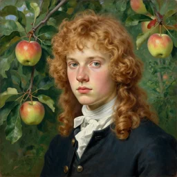 museum painting, wide - shot, realistic face, beautiful teenager boy, with shoulders - length!!! reddish blonde hair, curly, tied!!, grey eyes, clothes of 1 8 th century, in garden, apples, sharp focus, highly detailed, digital art, matte painting, masterpiece, by artgerm, by greg rutkowski, by mucha, by