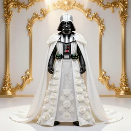 perfectly - centered!! looking at the camera!!! full body portrait of white darth vader in wedding dress with roses, bright lighting, godrays, golden, baroque style, roses, intricate abstract upper body intricate artwork, by tooth wu, wlop, beeple, dan mumford. concept art, octane render, deviantart, greg rutkowski, cinematic arthouse, key art,