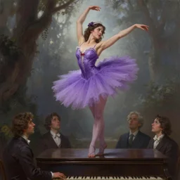 brunette fairy woman stretching, wearing purple romantic tutu, standing on top of a piano, d & d, fantasy, highly detailed, digital painting, trending on artstation, concept art, sharp focus, illustration, art by bob eggleton and donato giancola and julie bell
