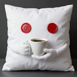 white pillow that has two hands and two red button eyes holding a coffee cup in its hand