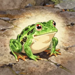 samurai frog, low angle, tatsuyuki tanaka, detailed watercolor, back lit, paper texture, movie scene, spot light, texture, brown cobble stones, dust, overhead wires, telephone pole, dusty, dry, pencil marks, hd, 4k, remaster, dynamic camera angle, deep 3 point perspective, fish eye, dynamic scene