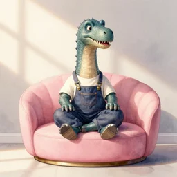 mechanic dinasour sit in a pink round sofa, elegant, water color, neat