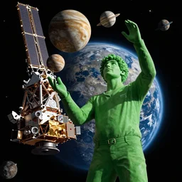 A giant green man juggling planets, James p Webb telescope photo, 8k