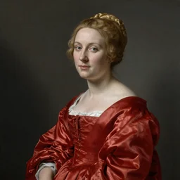 sublime portrait of a woman in a red satin dress, very pale, graceful, imposing, idealistic, by Vermeer, Van Dyck, Jean Auguste Dominique Ingres, 17th-century, smooth, sharp focus, highly realistic