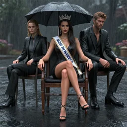 3 d octane render unreal engine of miss of the world in the rain sitting on the chair by greg rutkowski and wlop and conrad roset and artgerm
