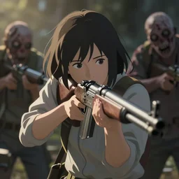 a girl with a rifle shooting zombies, full shot, atmospheric back lighting, detailed face, by makoto shinkai, stanley artgerm lau, wlop, rossdraws