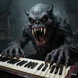 A huge scary monster that is a piano with sharp keys as teeth, highly detailed, by Beksinski