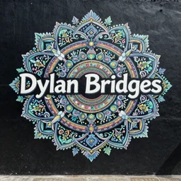 the name Dylan Bridges painted on a jet black concrete wall, insanely detailed and intricate, in opalescent colors, elegant, matte painting, cinematic, cgsociety, miyazaki, vivid and vibrant