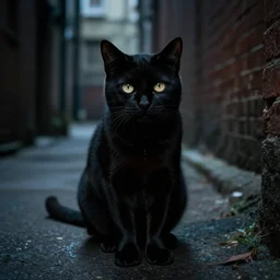 black cat with one eye, in a back alley, scary, cinematic lighting by gaston bussiere, j. c. leyendecker, craig mullins