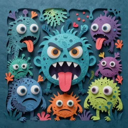 intricate colourful murky with strange cute friendly angry crazy creatures with huge beauty eyes long tongue triangle teeth and scary face appearing from the water, papercut style