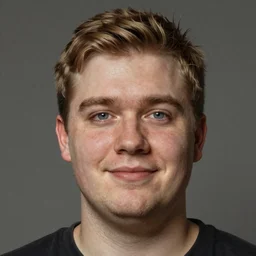 tall chunky man in his twenties with brown blond short regular haircut and round facial structure with cleft chin, straight eyebrows, big grey blue eyes, very happy, slightly set back jaw, cheekbones, straight nose, wider face, very slight shadow of beard, atmospheric lighting, painted, intricate, 4 k, highly detailed by charlie bowater