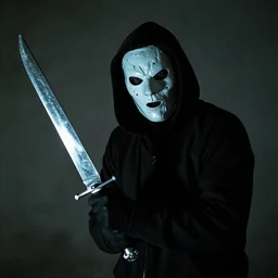 insane masked assailant wielding a shiny bladed weapon, film still from a horror movie, 4k