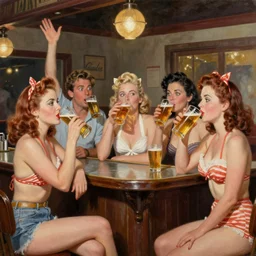 1940s group of pinup bikini girls drinking beer in a 1940s Aussie pub front bar with excited locals looking on, oil painting, by Gil Elvgren