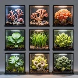 composition of nine square boxes with different plants forms, diorama, front view, led lamps, coral reef, tremella fuciformis, grass, leaves, romanesco broccoli, abstract sculpture, 8 k 4 0 5 2 2 9 7 0 2