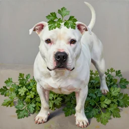 painting of a white pitbull on a bed of parsley with a parsley garnish on top, highly detailed
