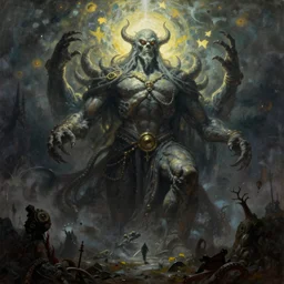 inconceivable otherworldly massive!!!!!!!!!! cthulu god rising from a grim landscape, epic painting by richard schmid. elder god lovecraft mythology