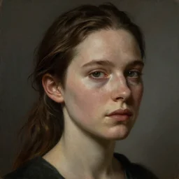 Dolores from westworld, head and shoulders portrait, extremely detailed masterpiece, by Edward Hopper and Rembrandt,