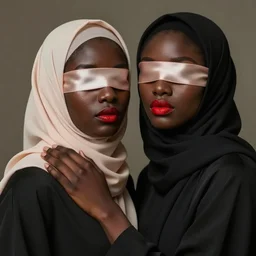 Woman holding another woman, arm around her neck, black skin color, both have red lips, wearing hijab, silk ribbon over her eyes, style Photorealism