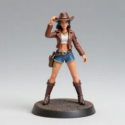 80mm resin detailed miniature of a cow girl, Short brown leather jacket, ten-gallon hat, over-knee boots, olive thigh skin, Standing with legs open on textured disc base; Miniature product Introduction Photos, 4K, Full body; Front view
