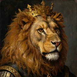 portrait of a king with a lions head for a head, oil painting by jan van eyck, northern renaissance art, oil on canvas, wet - on - wet technique, realistic, expressive emotions, intricate textures, illusionistic detail