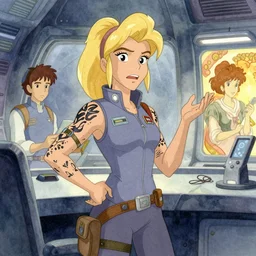coherent, science fiction, awkward anxious brilliant square - jawed butch blonde tattooed woman engineer, in control room of nostromo, studio ghibli, pixar and disney animation, sharp, disney concept art watercolor illustration by mandy jurgens and alphonse mucha and alena aenami, pastel color palette, dramatic lighting, highly detailed