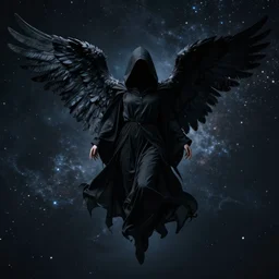 dark hooded cloaked angel with long black garments and beautiful black wings floating in the void of space, surrealistic