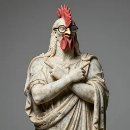 powerful rooster in glasses with crossed hands, looks like ancient philosopher, ancient statue style