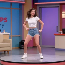 a beautiful woman dancing on the small stage in the tv studio. funny tv show in 9 0 s. color vhs footage.