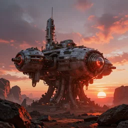 futuristic steampunk giant starship, surrounded by eroded rocks, by Andreas Rocha, stunning volumetric lighting, sundown, trending on Artstation, 8k, photorealistic, hyper detailed, unreal engine 5, cinematic, epic lighting, cryengine, octane render, cyberpunk, red and orange glow